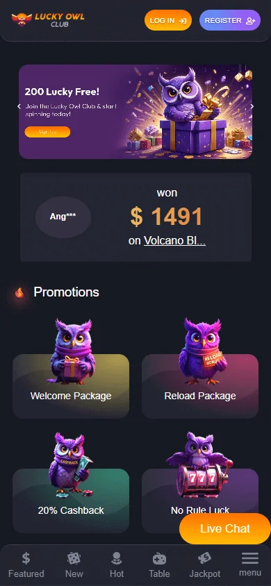 Lucky Owl Club Casino mobile browser home on a smartphone
