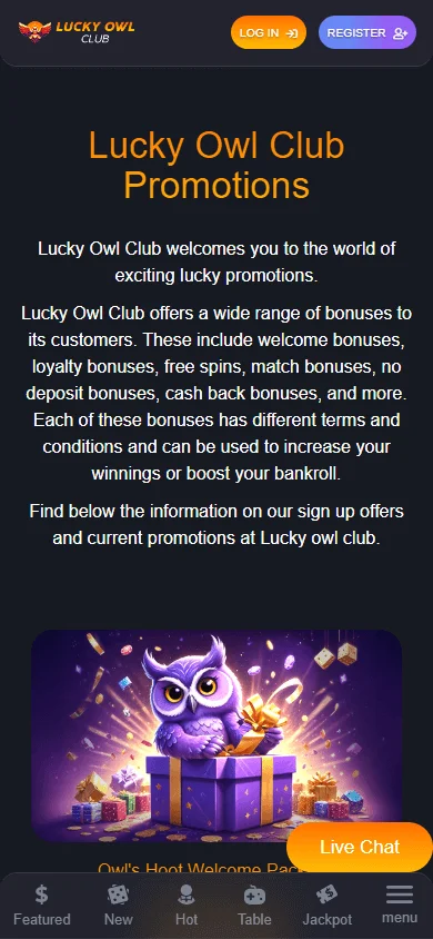Lucky Owl Club Casino mobile promotions area with bonus offers