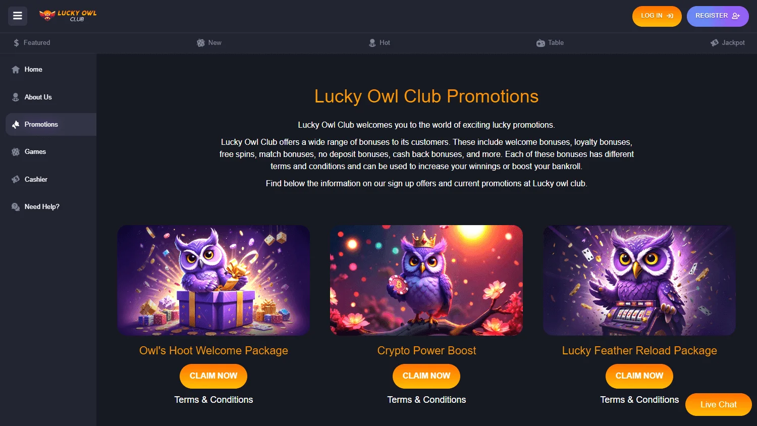 Lucky Owl Club Casino desktop promotions area with welcome bonuses and free spins