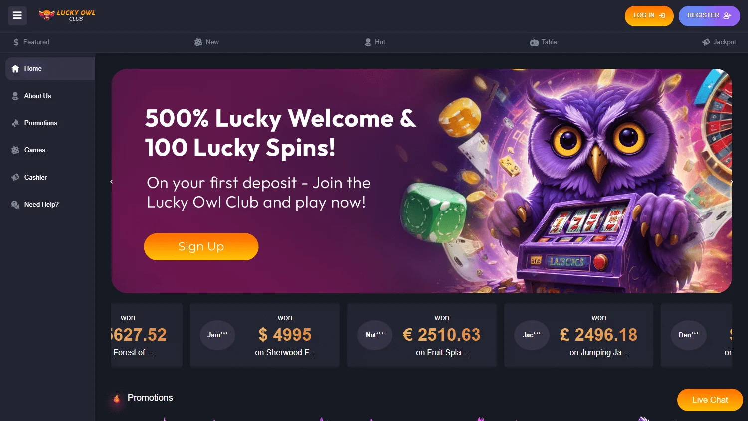 Lucky Owl Club Casino desktop casino home with Rival games and account features